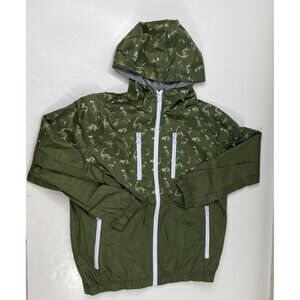 Bocini Boys Dinosaur Print Green Hooded Windbreaker Pockets Zippers Size Large